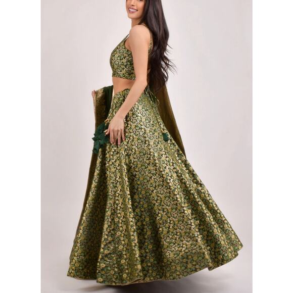 Raas Beryl Green Gold Banarasi Lehenga Choli 2 Piece Set Size Sm/Med NWT Florals - Picture 1 of 16